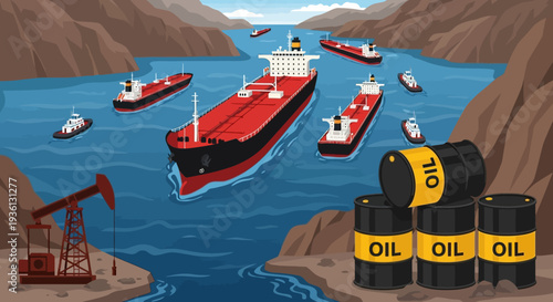 Oil tankers navigating a busy shipping lane with an oil rig and barrels nearby, illustrating global energy transport and production.