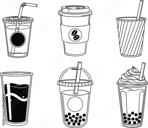 Beverage Drink Cup Outline Icon Set with Coffee Soda Bubble Tea Milkshake and Takeaway Cold Drinks Vector Collection