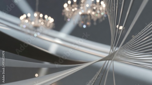 Modern architectural interior with abstract lines and elegant chandeliers creating a futuristic design background