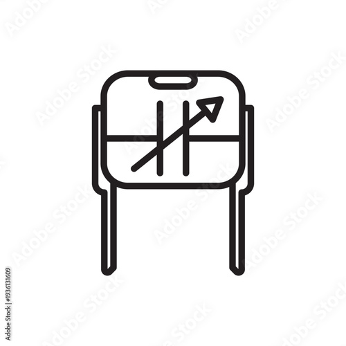 Variable capacitor icon. A standard symbol with an adjustment arrow across parallel plates. Ideal for electronic circuit schematics, radio frequency tuning diagrams, technical documentation projects.