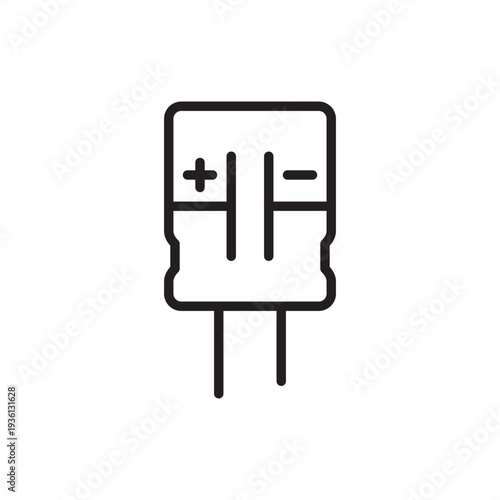 Polarized capacitor icon. A standard electrolytic design with clearly marked positive and negative terminals. Ideal for electronic circuit schematics, engineering diagrams, and technical projects.