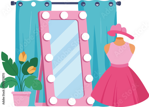 Feminine Vanity Room Illustration with Lighted Mirror Mannequin and Curtains Flat Vector Design