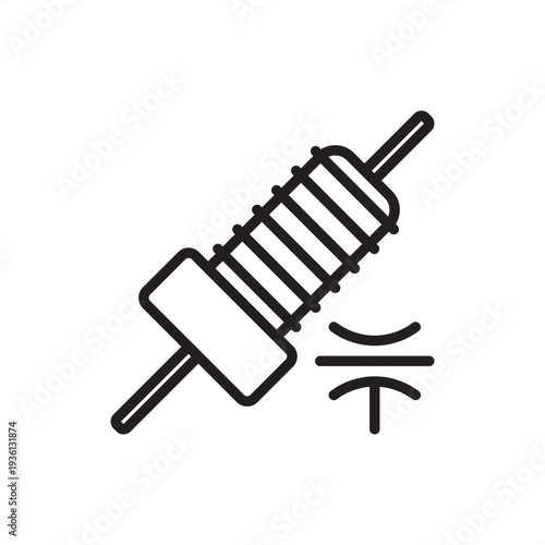 Feed-through capacitor icon. A specialized cylindrical component design with an axial lead and a standard grounding symbol. Ideal for technical, electronic circuit schematics, EMI filtering diagrams.
