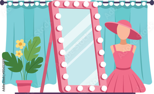 Feminine Vanity Room Illustration with Lighted Mirror Mannequin and Curtains Flat Vector Design