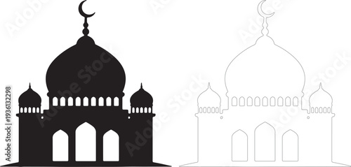Black silhouette and outline of a mosque with domes and crescent