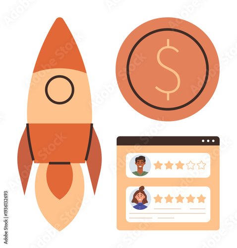 Business growth, startup funding, investment insights, online reputation, ecommerce, customer feedback. Rocket illustration, dollar coin and user reviews highlighted. Business growth and startup