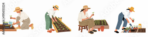 Collection of diverse women engaged in various gardening activities, including planting seedlings, cultivating sprouts, and recording growth in an organic garden.