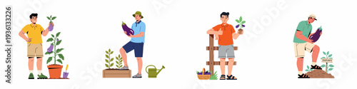 Diverse men happily cultivating and harvesting fresh eggplants in garden settings, showcasing organic farming, healthy produce, and sustainable agricultural lifestyle.