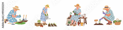 Elderly woman enjoying various gardening activities: planting, watering, potting, and caring for plants, showcasing a hobby, nature, and active senior life.