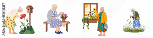 Senior women enjoying diverse leisure activities, embracing nature, gardening, and peaceful moments both outdoors and at home.