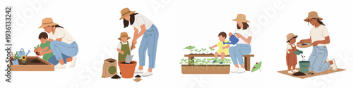 Mother and child engaged in various gardening activities, from planting seeds and seedlings to watering, showcasing family bonding, nature connection, and learning through hands-on experience.