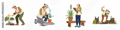 Diverse illustrations of individuals engaged in botanical research, gardening, and nature exploration, highlighting plant study and ecological observation.