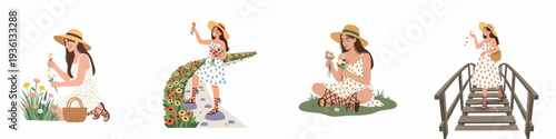 Woman in sun hat enjoying wildflowers: picking, walking, and relaxing amidst nature's beauty, celebrating spring and summer freedom.