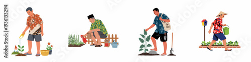 Diverse men engaged in various gardening and farming activities, tending to plants, using tools, and demonstrating sustainable organic practices.