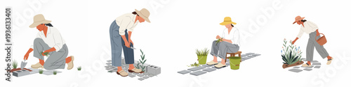 Women actively involved in various gardening and landscaping tasks, including planting, weeding, trimming, and maintaining outdoor spaces and pathways.