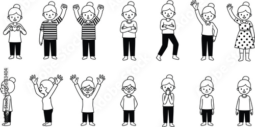 Cute cartoon girl character poses set, child gestures and emotions collection, standing waving celebrating expressions vector illustration