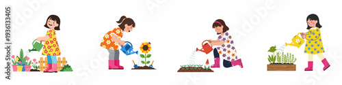 Happy young girls engaging in various gardening activities, tending to flowers, sunflowers, and sprouts with watering cans, celebrating nature and growth.