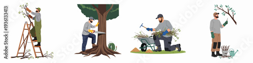 Gardener Pruning Trees and Clearing Branches Illustration Set. Man Engaged in Tree Maintenance and Garden Cleanup Activities.