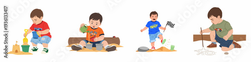 Toddler Boy Playing in Sand: Building Sandcastles, Pouring, Kicking, and Drawing Fun