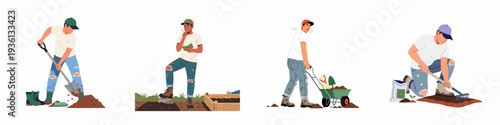 Vector illustrations showcasing diverse gardening activities: digging, planning a garden, transporting soil, and preparing ground for planting. Essential tasks for home cultivation.