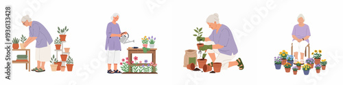 Senior woman enjoying peaceful gardening, caring for various potted plants and flowers, illustrating an active and joyful retirement lifestyle.