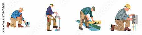 Skilled senior workers performing essential trades: plumbing, industrial pipe maintenance, irrigation, and electrical repair, showcasing expertise in diverse manual labor roles.