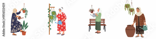 A collection of women in traditional attire, tending to and watering various potted and hanging plants, showcasing gardening and plant care.