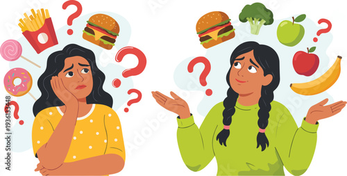 Diet Choice Dilemma Illustration with Fast Food and Healthy Food Characters Flat Vector Design