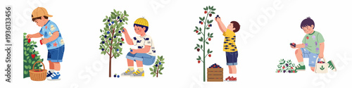 Children enjoying summer fruit and berry picking in a vibrant garden, showcasing healthy outdoor activities and farm-to-table freshness.