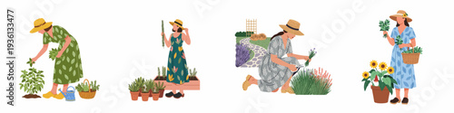 Collection of diverse women tending to their gardens, showcasing the joy of plant care, harvesting, and outdoor leisure.