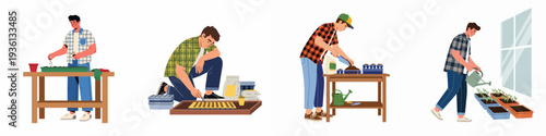 Men engaged in various home gardening activities, from sowing seeds and potting to watering young plants, illustrating the cultivation and growth process.