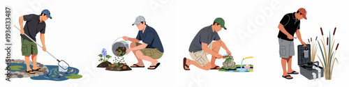 Men performing various pond maintenance and garden care tasks, including cleaning, planting water plants, scrubbing statues, and servicing filter systems.