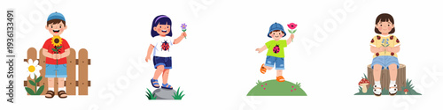 Joyful children exploring nature with colorful flowers, featuring cute ladybug motifs and playful outdoor scenes. Happy kids celebrating spring and summer.