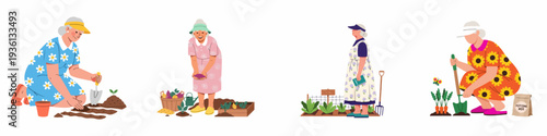 Four cheerful senior women enjoying various gardening activities, from planting seedlings and harvesting vegetables to tending their home gardens, showcasing healthy and active retirement.