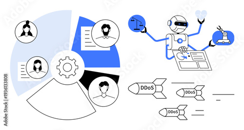 Cybersecurity, AI technology, user authentication, data protection, DDoS prevention, process automation. Diagram shows AI robot and segmented data charts. Cybersecurity and AI technology