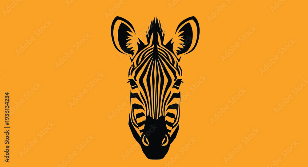 Naklejka premium Illustration of a black silhouette of a zebras head on an orange background, showcasing its distinctive stripes and ears in a striking contrast