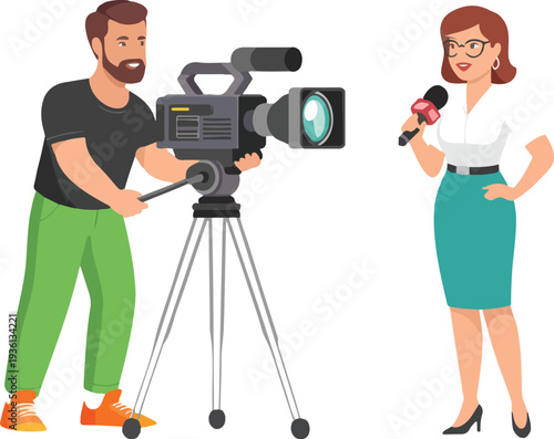 Professional TV Interview Scene with Cameraman Filming Female Reporter Flat Vector Illustration