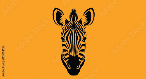 Illustration of a black silhouette of a zebras head on an orange background, showcasing its distinctive stripes and ears in a striking contrast