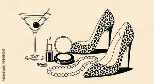 Illustration of fashion illustration of leopard print high heels with accessories and a cocktail