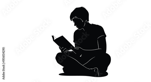 Illustration of a silhouette of a person sitting crosslegged reading a book in a simple black illustration style