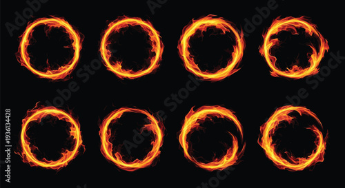 Illustration of collection of eight glowing fire ring shapes on a for design and decoration purposes
