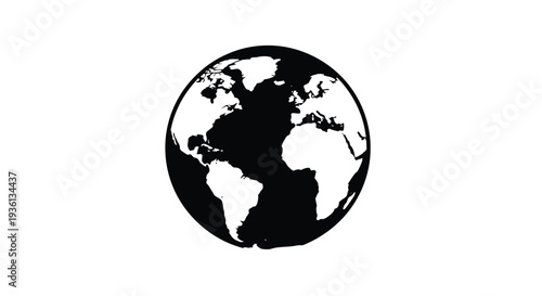 Illustration of a black silhouette of the earth globe on a showing continents and oceans