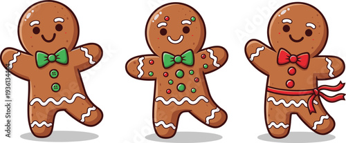 Cute gingerbread man cookies with icing and bow Christmas dessert cartoon characters vector illustration set isolated