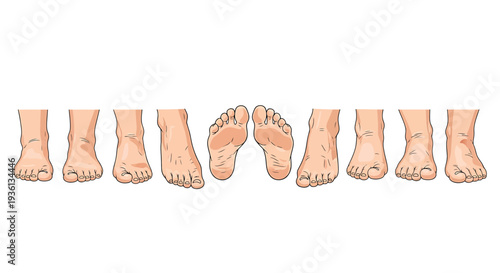 Illustration of a row of eight cartoon human feet with different toe positions