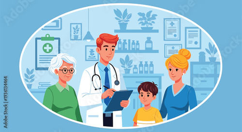 Illustration of a doctor and family discussing a childs medical chart in a clinic setting with a nurse and grandmother present