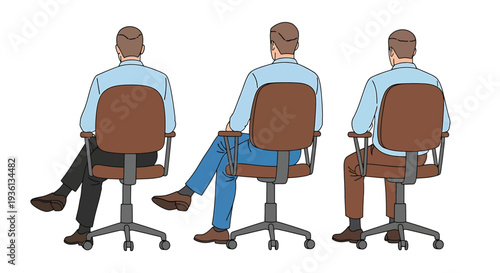 Illustration of three men sitting on office chairs with different leg positions from behind