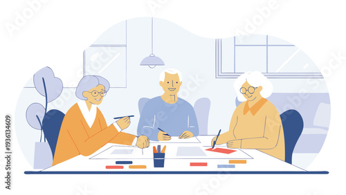 A group of three seniors with white hair sits at a white table drawing on paper with pens in a bright, minimalist room with a window.