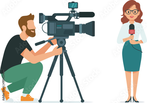 Professional TV Interview Scene with Cameraman Filming Female Reporter Flat Vector Illustration