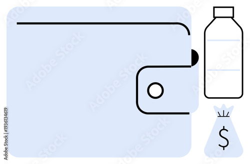 Wallet graphic, plastic bottle, and money bag symbol representing financial transactions, recycling, and savings. Ideal for eco-finance, waste management, budgeting, and environmental advocacy themes