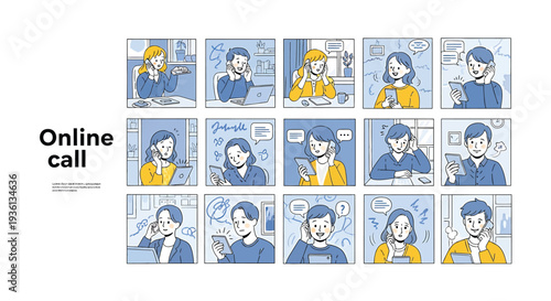 Illustration of a comic strip illustration depicting a man in various poses and expressions while on an online call or video conference with different reactions and emotions